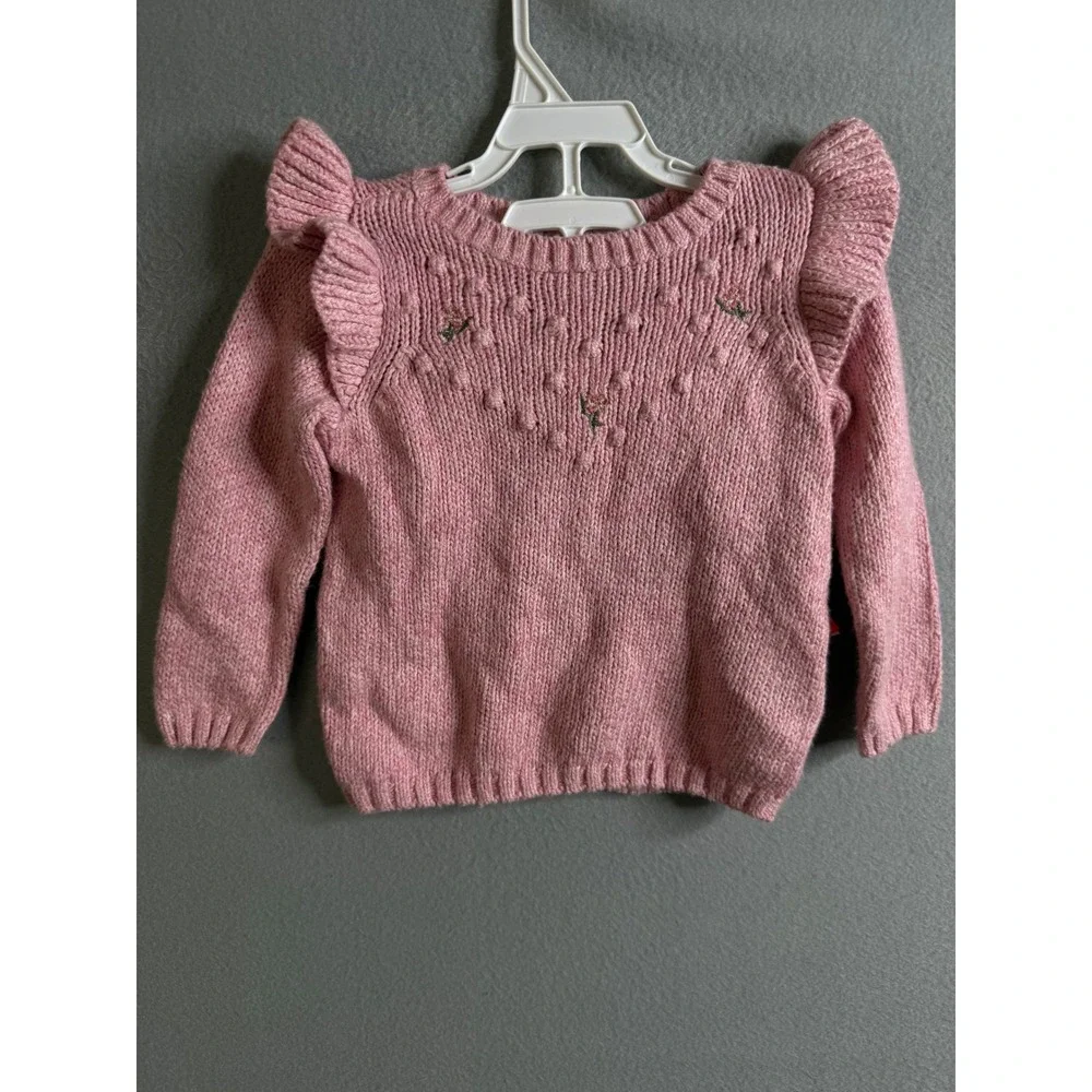 Old Navy Baby Girl‎ Sweater 12-18M Pink Knit Ruffle Sleeve Floral Embroidery NWT